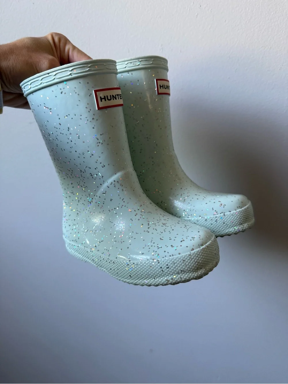 HUNTER Kids First Giant Glitter Sparkly Rain Boots Mint Aqua Light Blue Size 7C